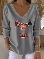 Women’s Santa Claus Printed V-Neck T-Shirt Gray / S