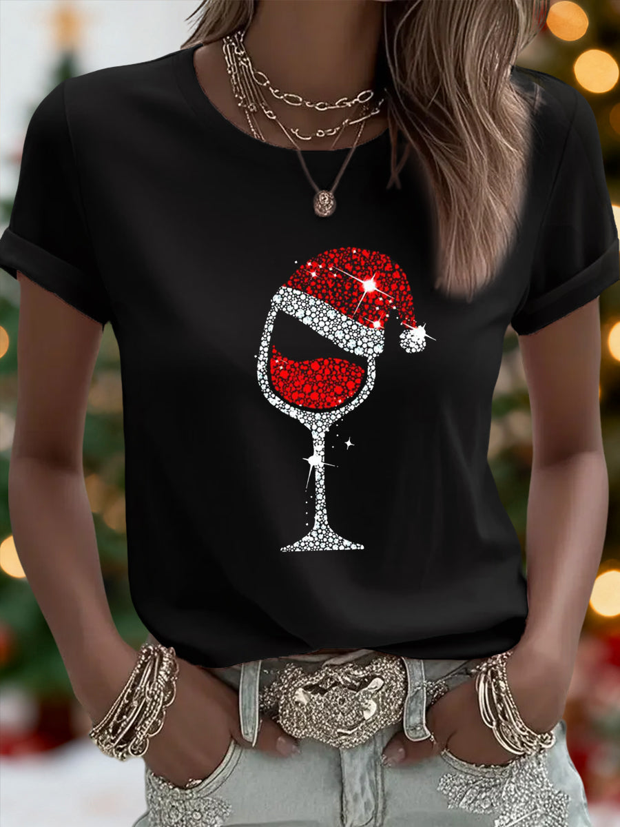 Women’s Christmas Red Wine Glass Print Casual Tee Black / S