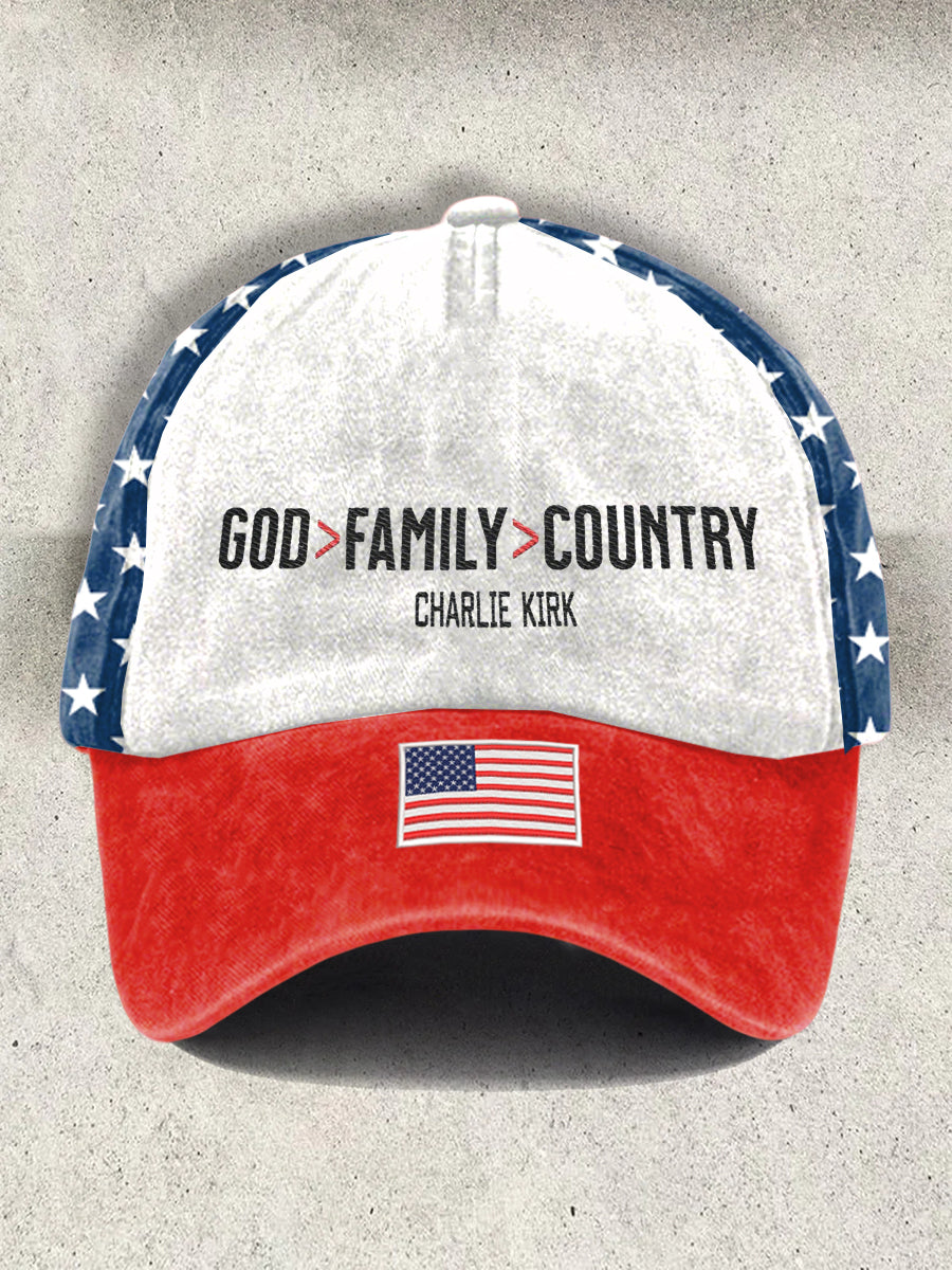 Unisex Resort God Family Country In That Order Charlie Kirk Print Hat