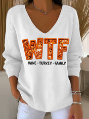 Women’s WTF Wine Turkey Family Funny Thanksgiving Long-Sleeve Top White / S