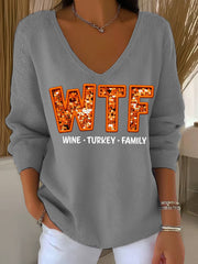 Women’s WTF Wine Turkey Family Funny Thanksgiving Long-Sleeve Top Gray / S