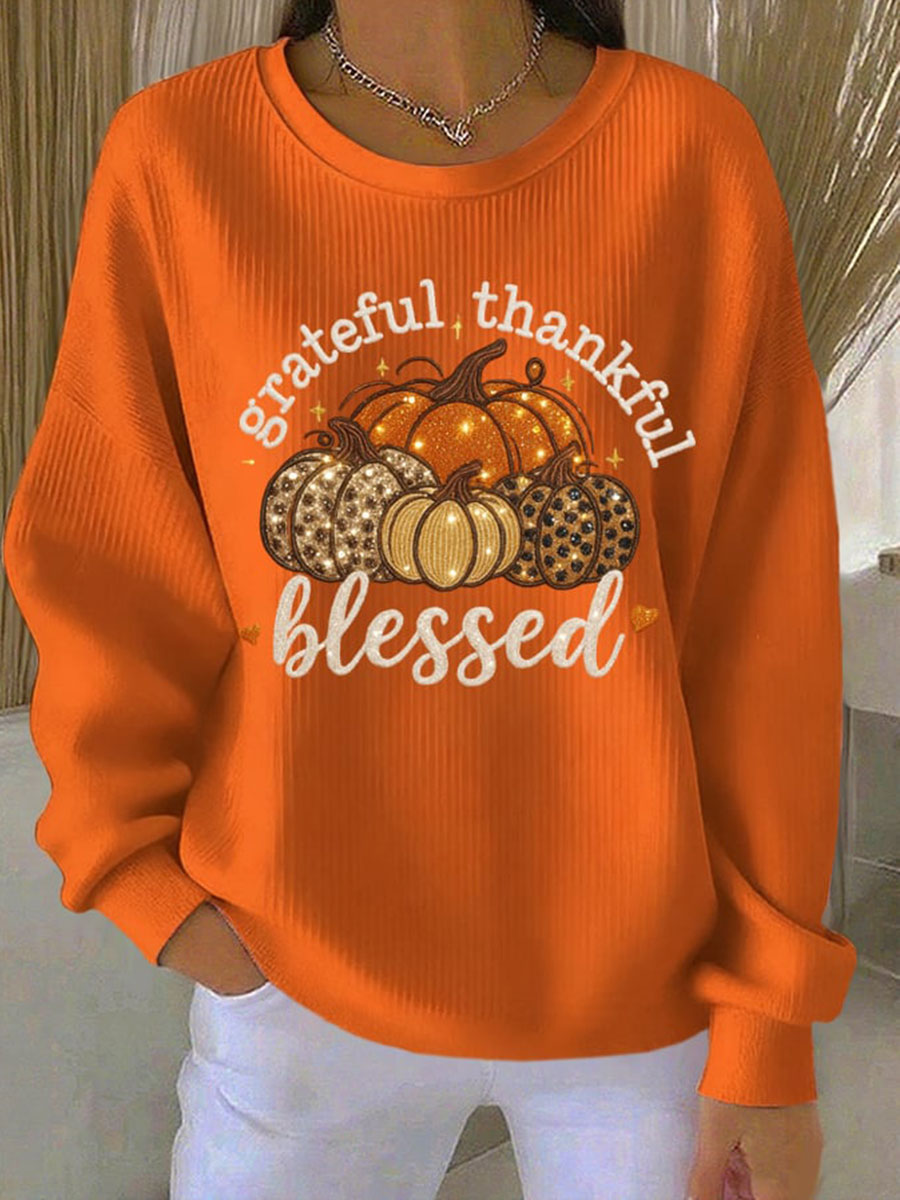 Women’s Thankful Grateful & Blessed Thanksgiving Ribbed Round-Neck Sweatshirt Orange / S