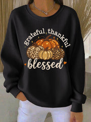 Women’s Thankful Grateful & Blessed Thanksgiving Ribbed Round-Neck Sweatshirt Black / S
