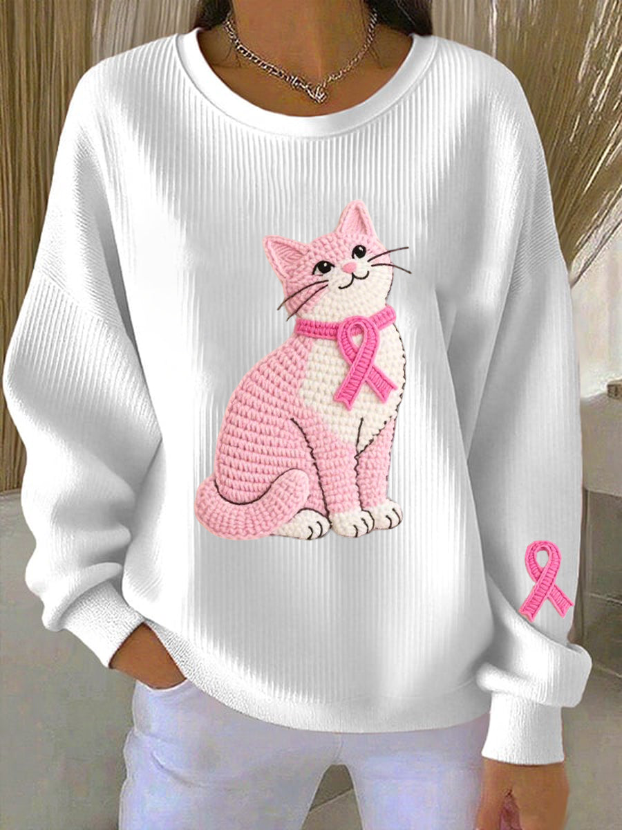 Women's Breast Cancer Awareness Cat Pattern Sweatshirt