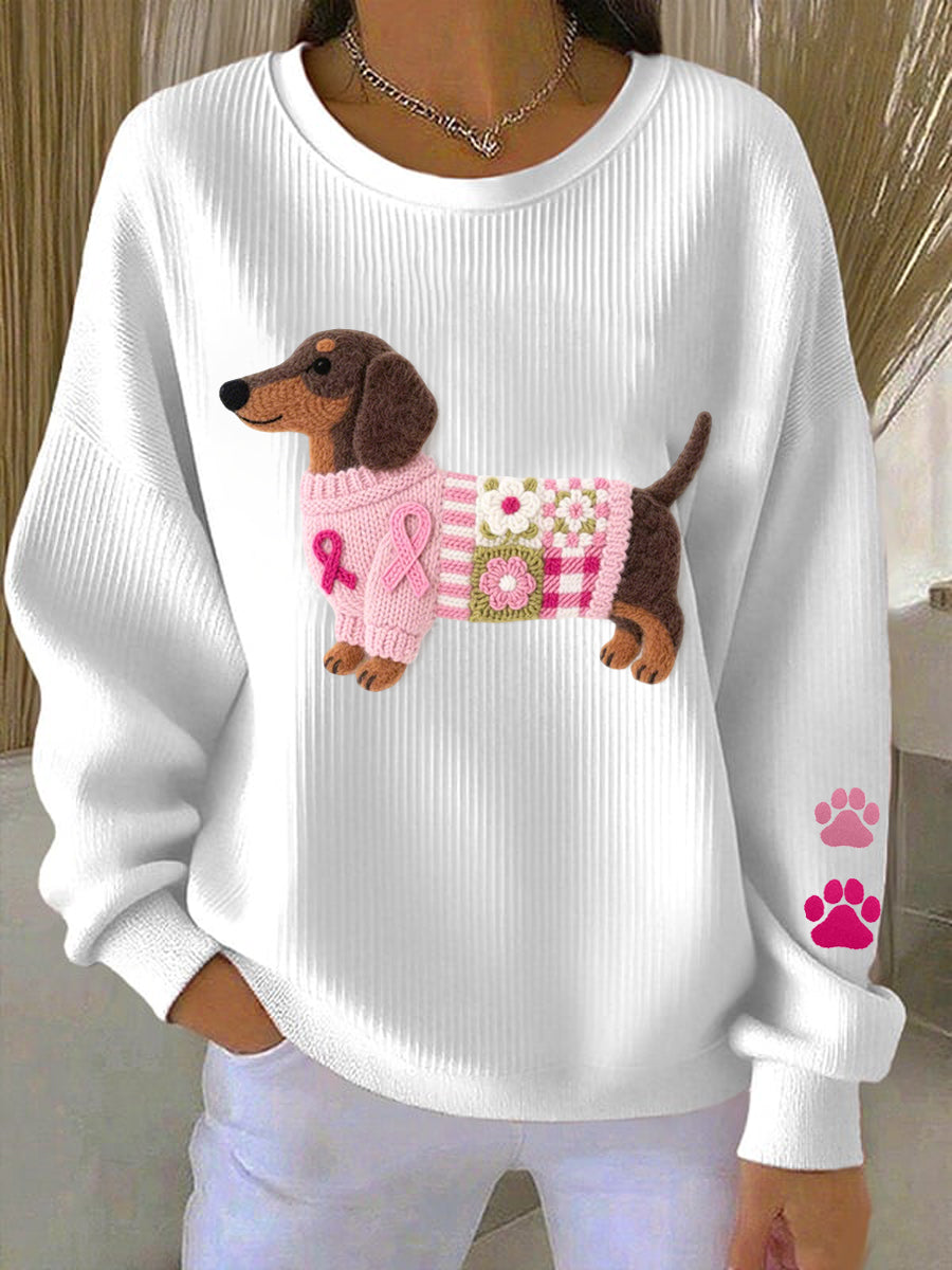 Women's Breast Cancer Awareness Dachshund Felt Art Sweatshirt