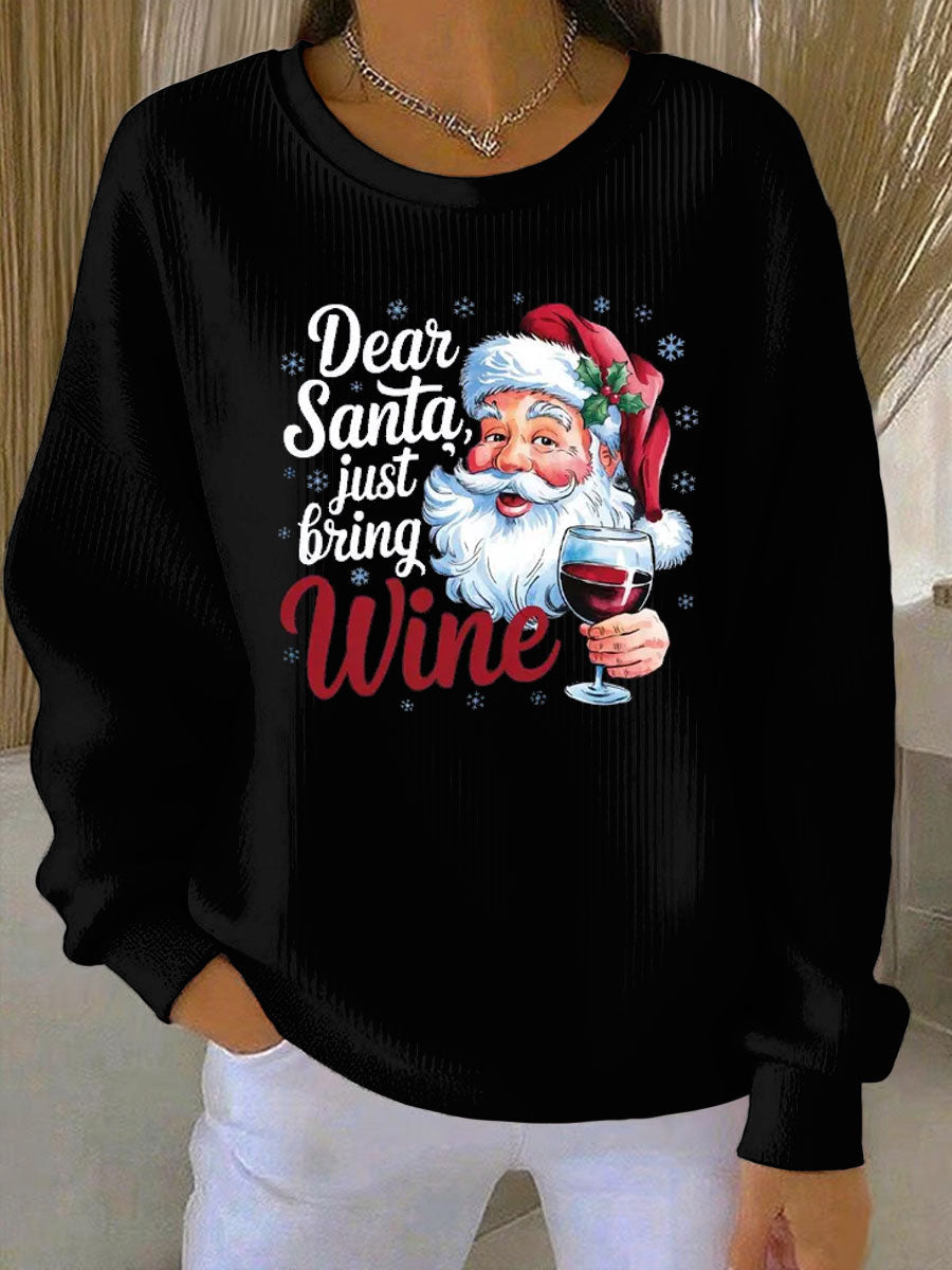 Women's Santa Claus print Ribbed Round-Neck Sweatshirt