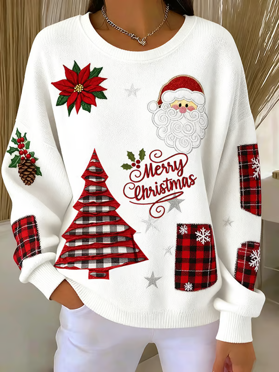 Women's Santa Claus print Ribbed Round-Neck Sweatshirt