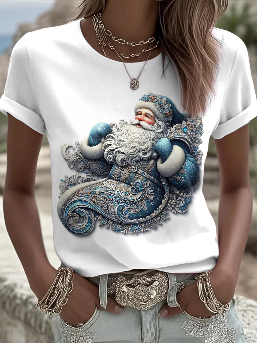 Womens' Christmas Santa Claus Printed Vintage Fashion Loose Short Sleeve T-Shirt