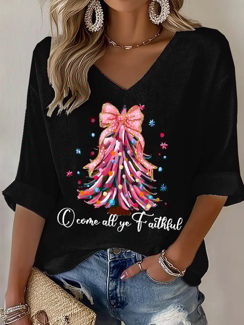 Women's Christmas tree print Waffle T-shirt