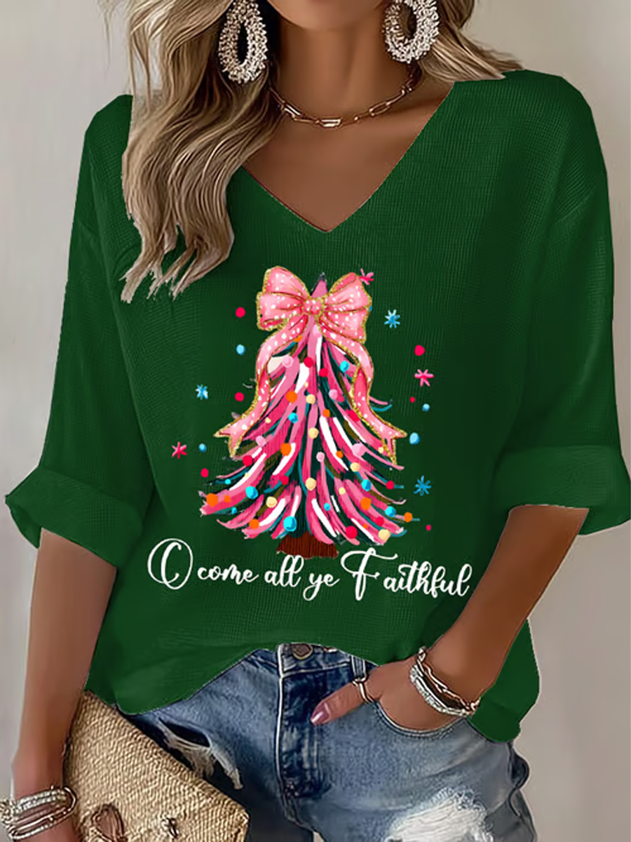 Women's Christmas tree print Waffle T-shirt