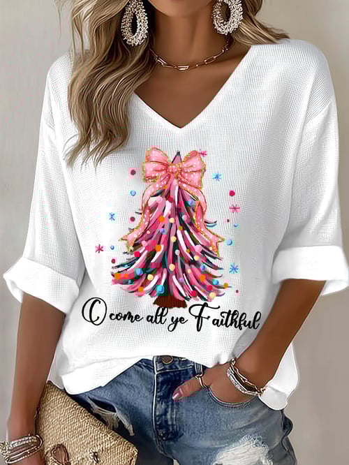 Women's Christmas tree print Waffle T-shirt