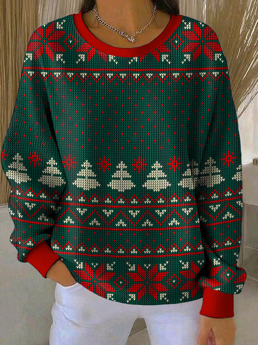 Women's Christmas Printed Round Neck Long Sleeved Sweatshirt