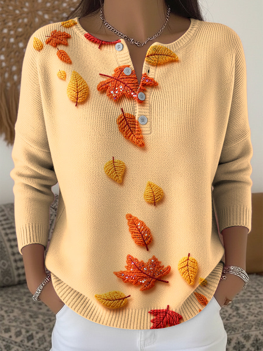 Women's Thanksgiving Autumn Leaf Art V-Neck Sweater