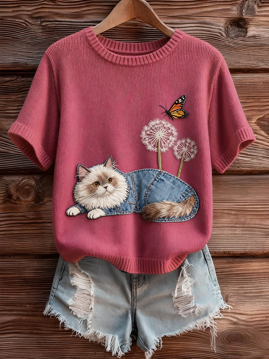 Women's Vintage Art Animal Print Cozy Knit Short Sleeve Sweater