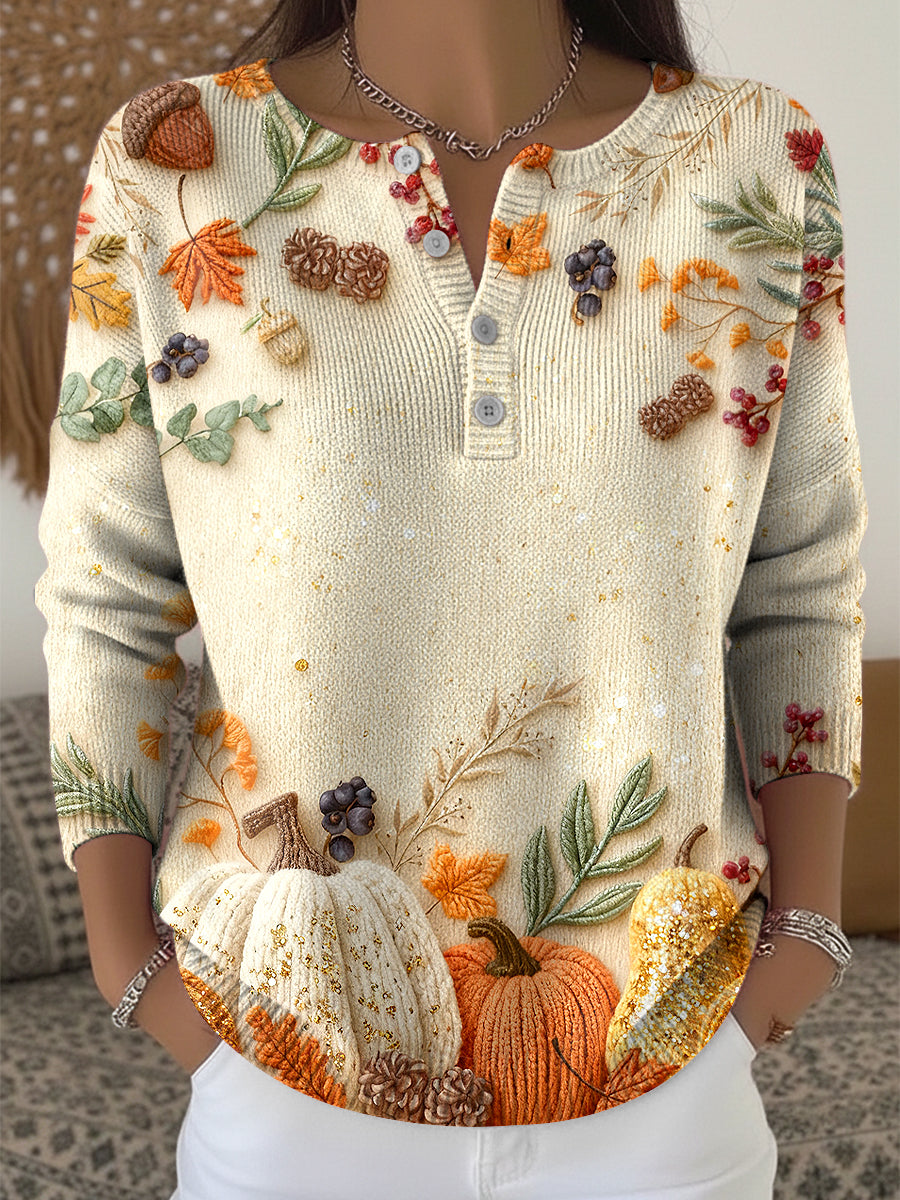 Women's Thanksgiving Pumpkin Maple Leaf Art V-Neck Sweater