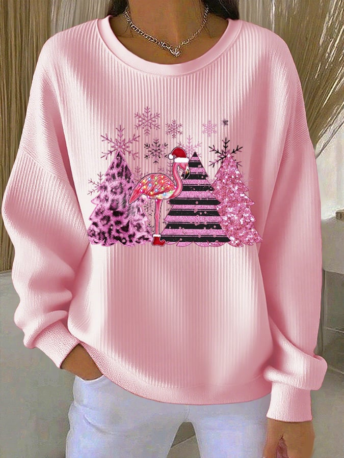 Women’s Christmas Ribbed Round-Neck Sweatshirt Pink / S
