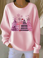 Women’s Christmas Ribbed Round-Neck Sweatshirt Pink / S