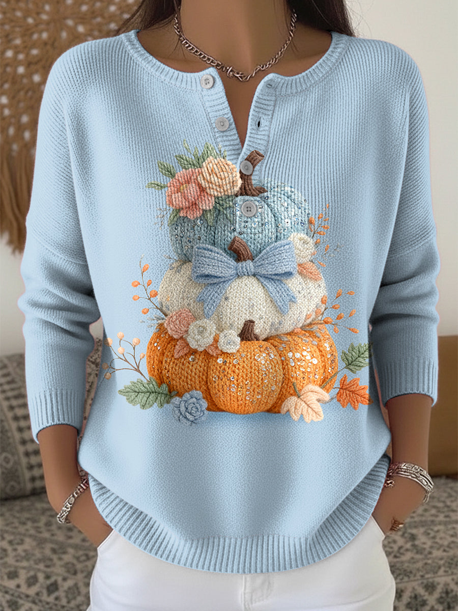 Women’s Thanksgiving Pumpkin Bow Art V-Neck Top Multicolour / S