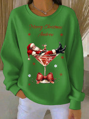 Women’s Santa Claus and wine glass Print Ribbed Round-Neck Sweatshirt Green / S