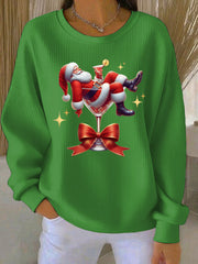 Women’s Santa Claus and wine glass Print Ribbed Round-Neck Sweatshirt Green / S