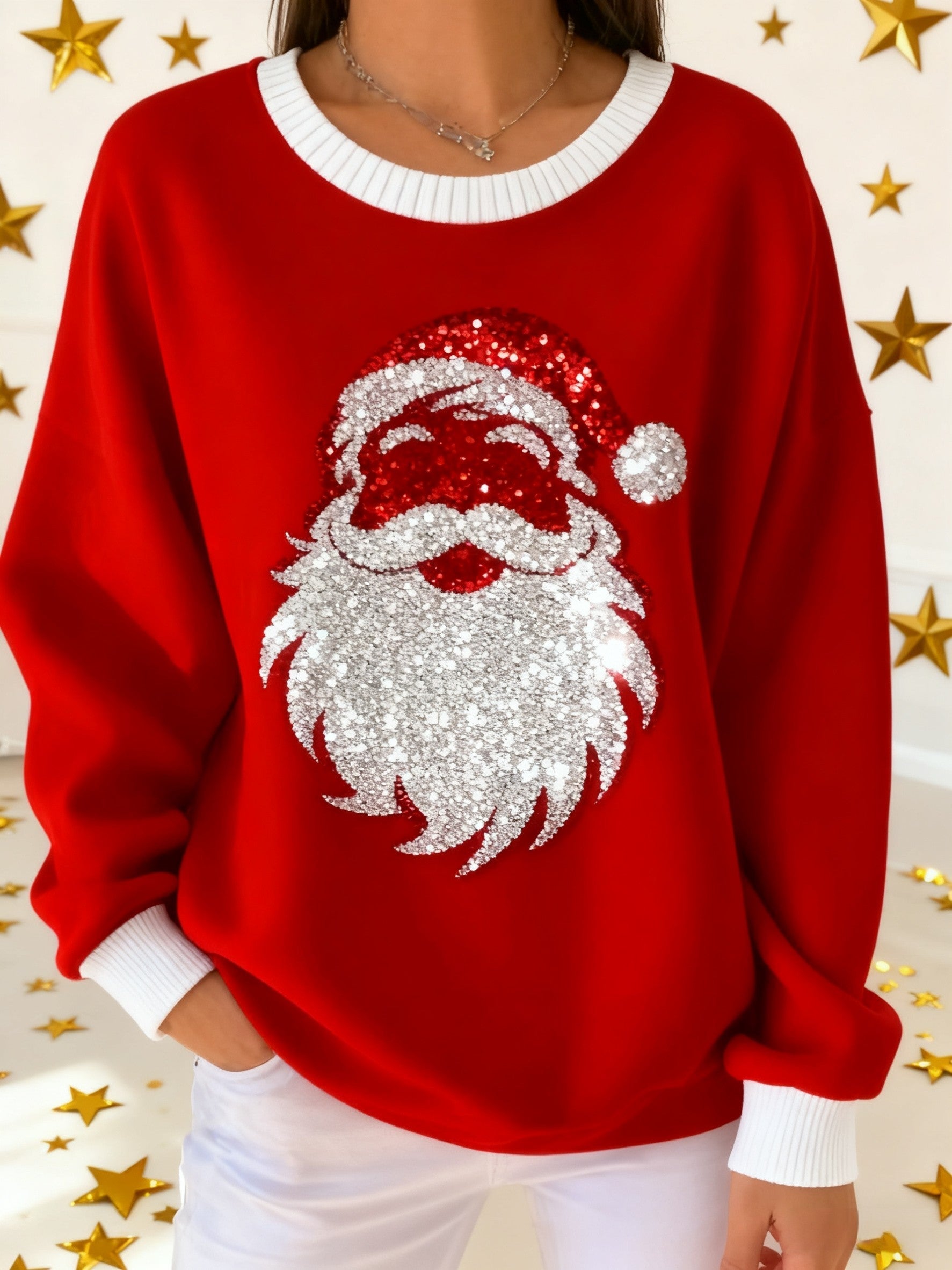 Retro Santa Claus Sequins Loose Long Sleeved Sweatshirt Red / S