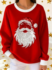 Retro Santa Claus Sequins Loose Long Sleeved Sweatshirt Red / S