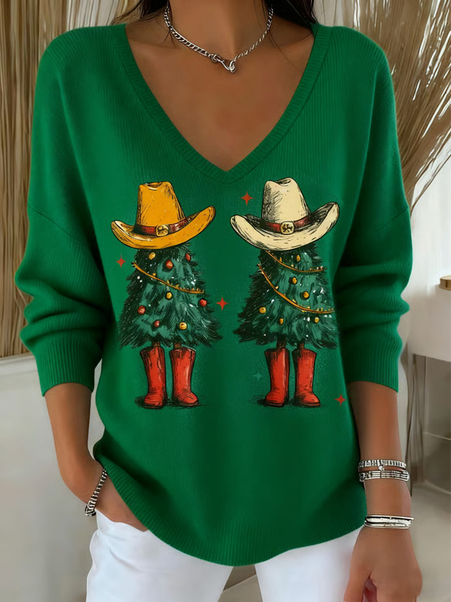 Women's  Christmas tree Print  V-Neck Ribbed Top