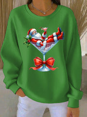 Women’s Santa Claus and wine glass Print Ribbed Round-Neck Sweatshirt Green / S