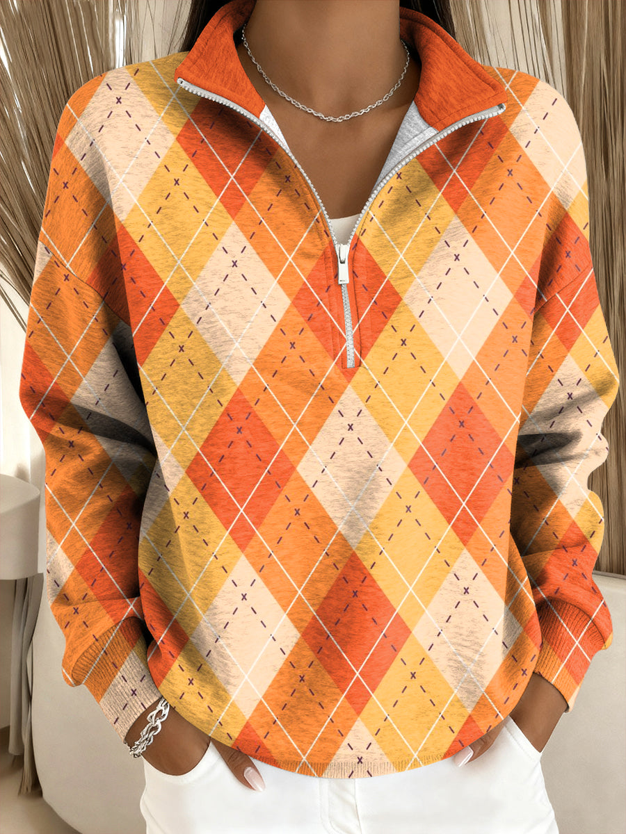 Women's Thanksgiving Plaid Art Casual Zipper Pullover