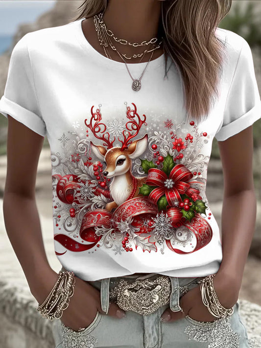 Women's Christmas Reindeer Printed Vintage Fashion Loose Short Sleeve T-Shirt