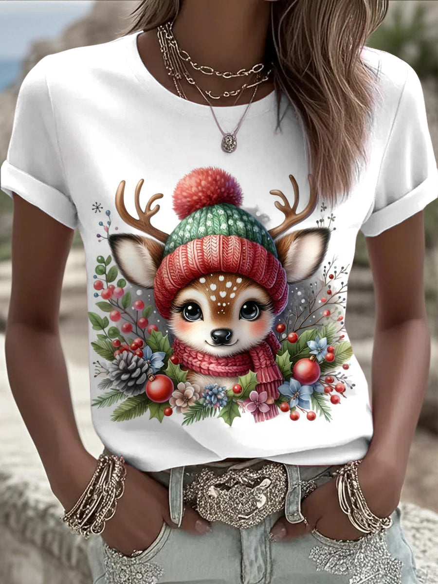 Women's Christmas Reindeer Printed Vintage Fashion Loose Short Sleeve T-Shirt