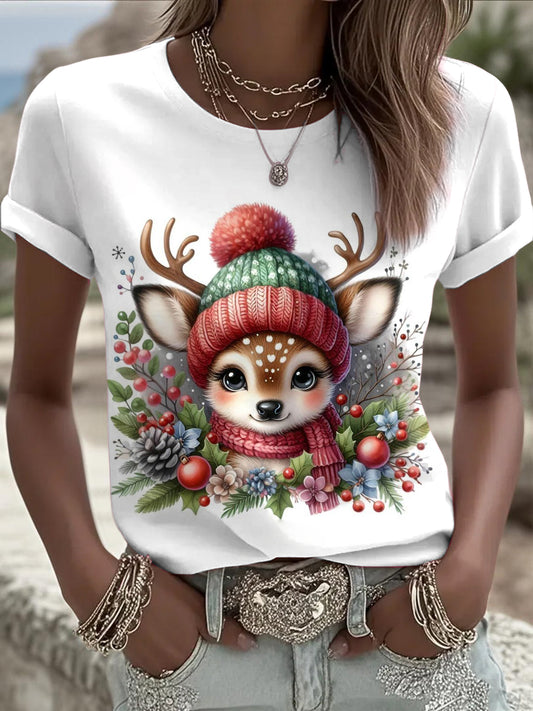 Women's Christmas Reindeer Printed Vintage Fashion Loose Short Sleeve T-Shirt