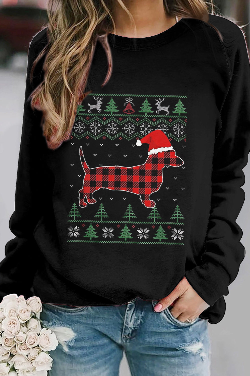 Women's Christmas Sausage Dog Printed Round Neck Raglan Sweatshirt