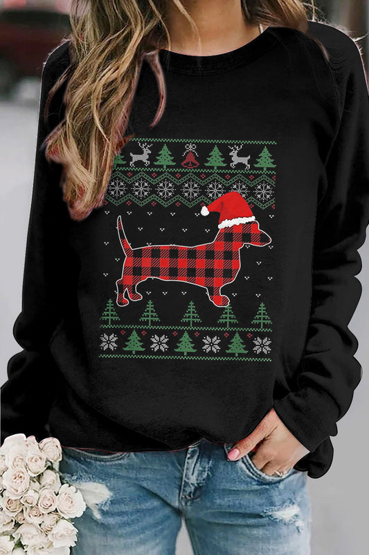 Women's Christmas Sausage Dog Printed Round Neck Raglan Sweatshirt