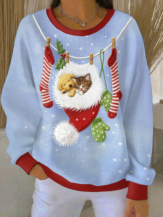 Women's Christmas Cute Pet Loose-Fit Crewneck Pullover