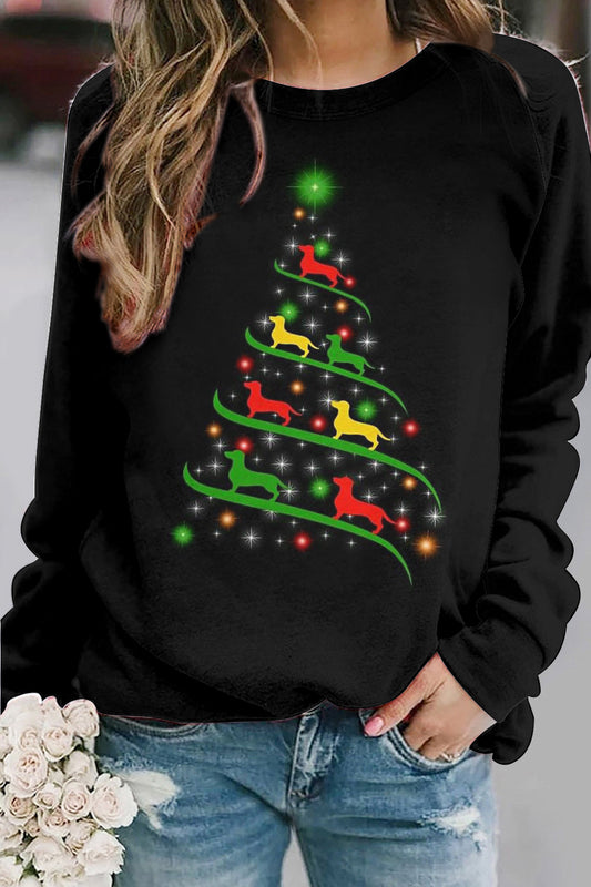 Women's Christmas Sausage Dog Printed Round Neck Raglan Sweatshirt
