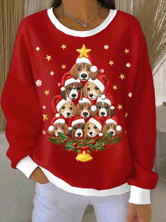 Women's Christmas Cute Puppy Loose-Fit Crewneck Pullover