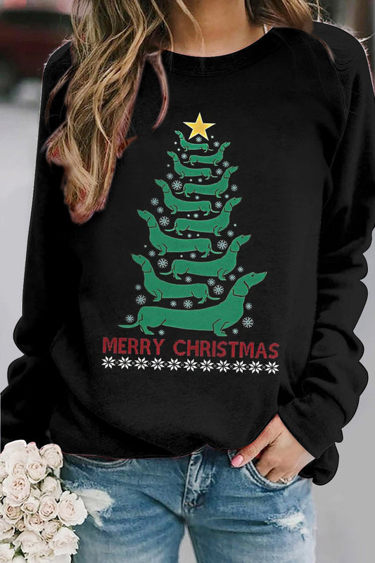 Women's Christmas Sausage Dog Printed Round Neck Raglan Sweatshirt