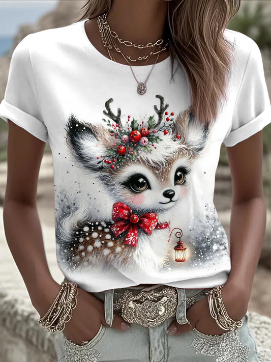 Women's Christmas Reindeer Printed Vintage Fashion Loose Short Sleeve T-Shirt