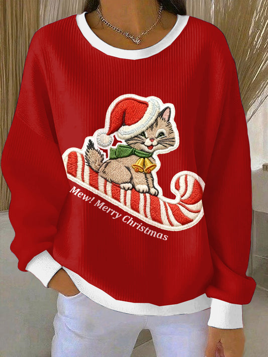 Women's Christmas Cute Kitten Loose-Fit Crewneck Pullover