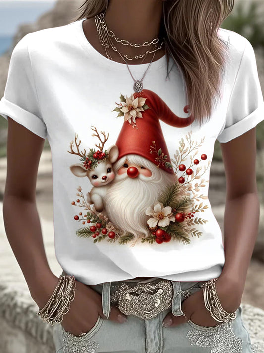 Women's Christmas Santa Claus Printed Vintage Fashion Loose Short Sleeve T-Shirt