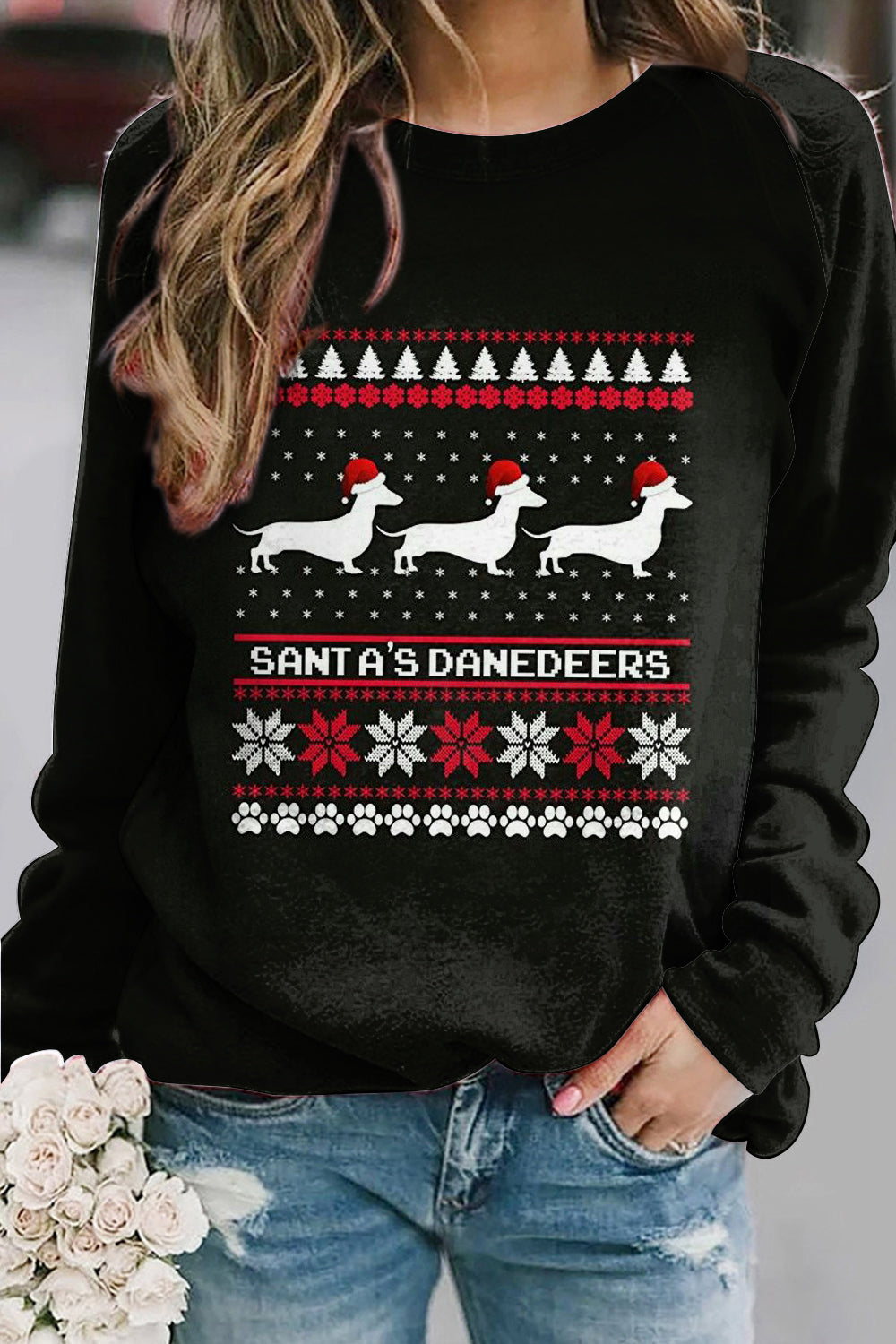 Women's Christmas Sausage Dog Printed Round Neck Raglan Sweatshirt