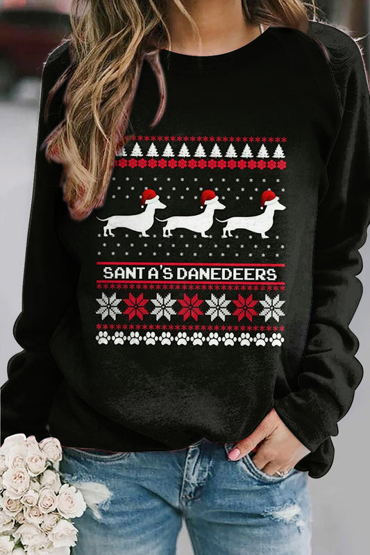 Women's Christmas Sausage Dog Printed Round Neck Raglan Sweatshirt