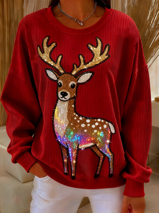 Retro Christmas Sequin Reindeer Printed Casual Loose Long Sleeve Top