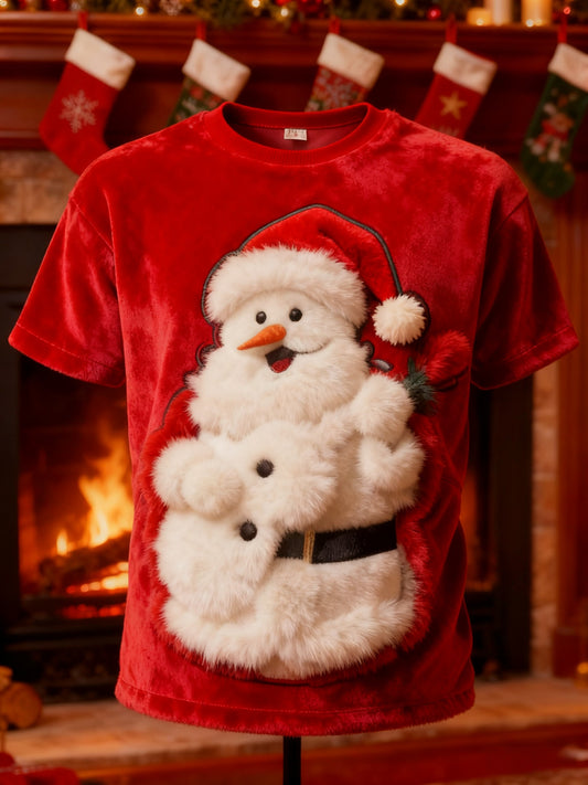 Vintage Father Christmas Print Plush Short-Sleeved T-Shirt