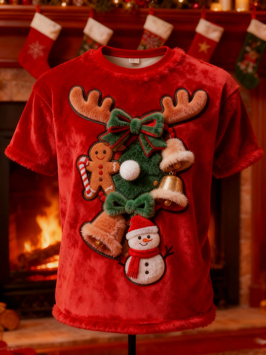 Vintage Christmas Bell Snowman Print Plush Short-Sleeved T-Shirt