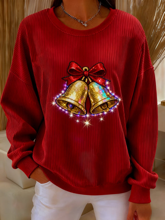 Vintage Christmas Sequined Bell Printed Casual Loose Long Sleeve Top