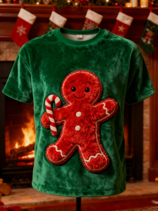 Vintage Christmas Gingerbread Man Print Plush Short-Sleeved T-Shirt
