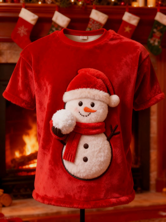 Vintage Christmas Snowman Print Plush Short-Sleeved T-Shirt