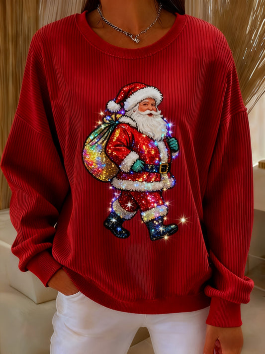 Retro Christmas Sequined Father Christmas Printed Casual Loose Long Sleeve Top